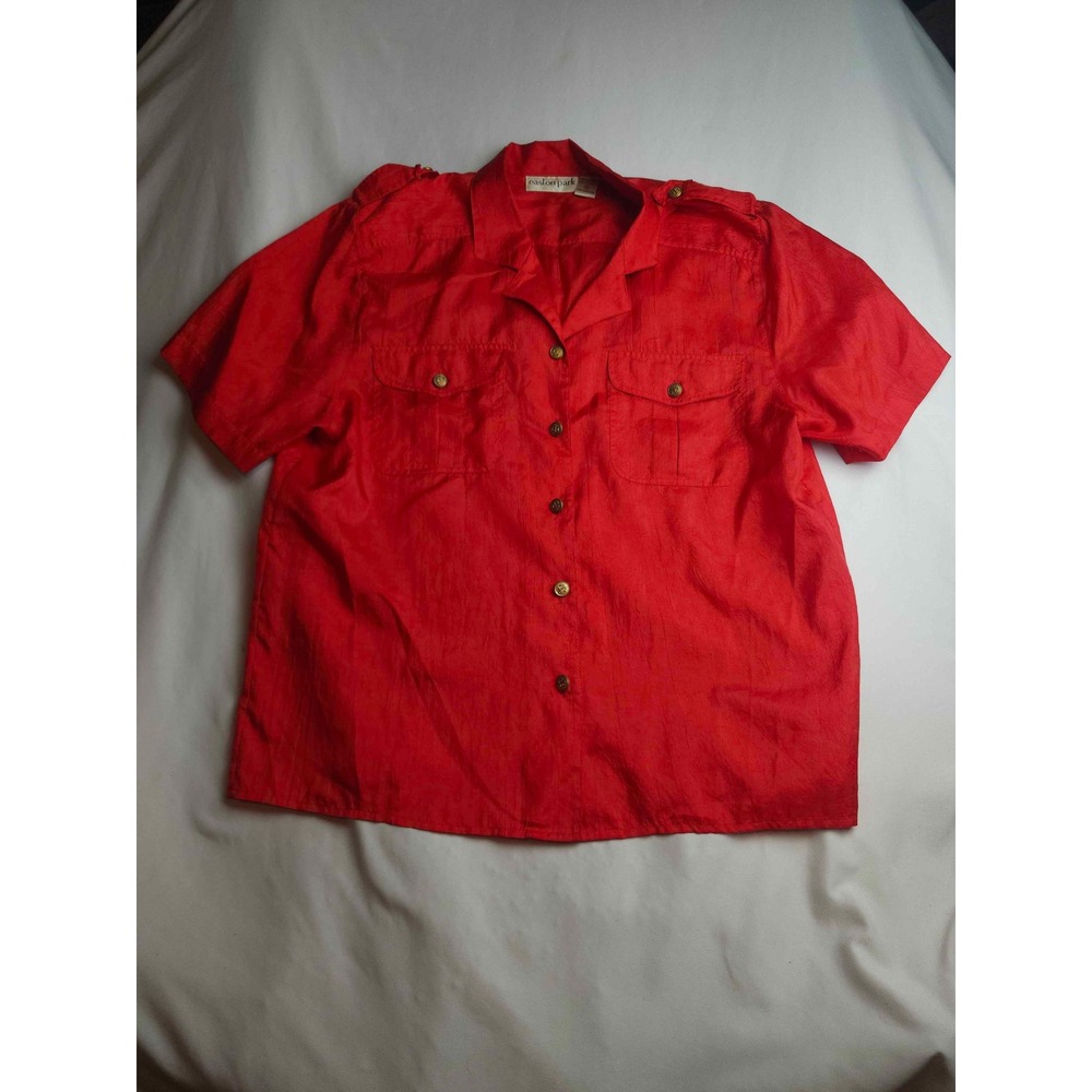 Easton Park Womens Red Short Sleeve Button Up Safari Shirt Epaulets Size 16